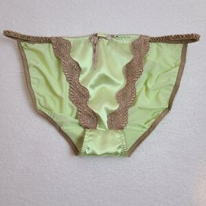VTG Delicates Silky Satin Mesh Lace String Bikini Panty Size XL Lime Tan